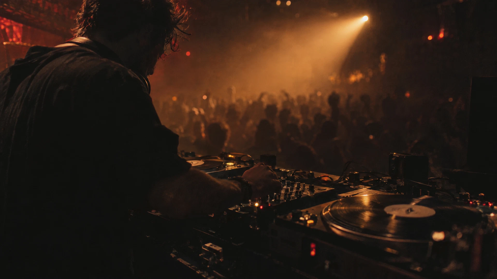 Demonstration image: a DJ working under amber stage light