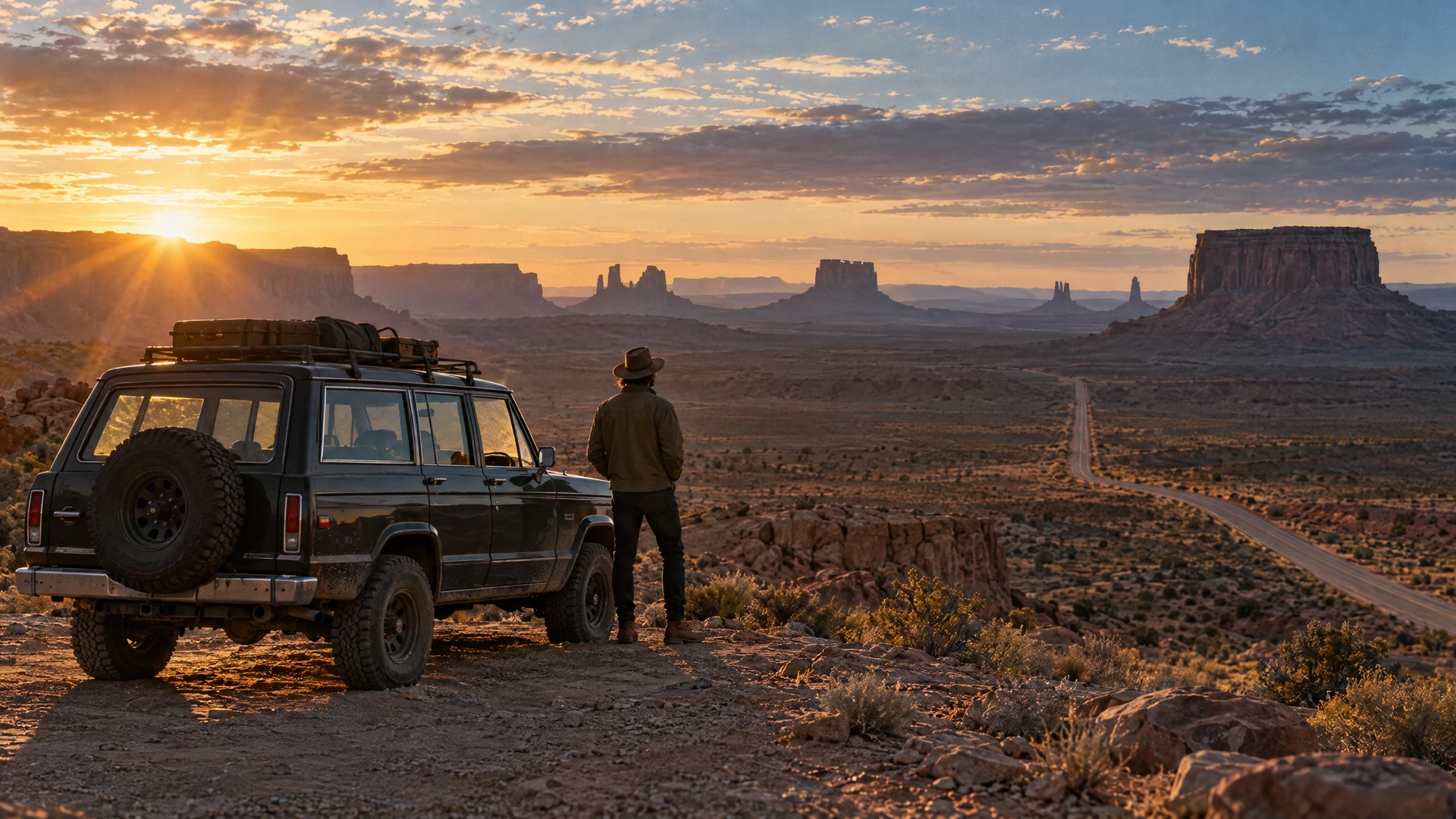 Demonstration image: traveler and vehicle on a desert road at sunrise